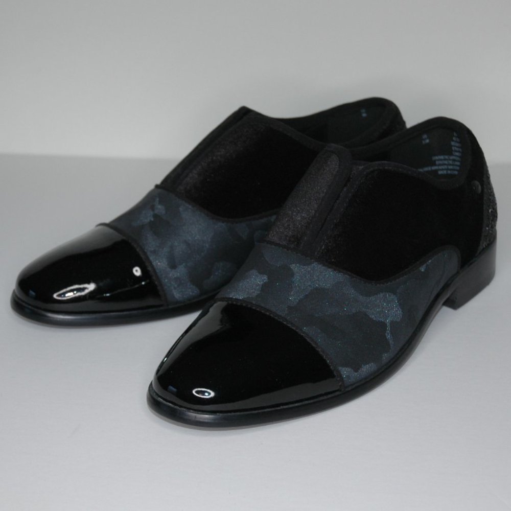 DKNY Men Size 9 Preston Slip On Loafers Black Velvet/Patent Leather Dress Shoes